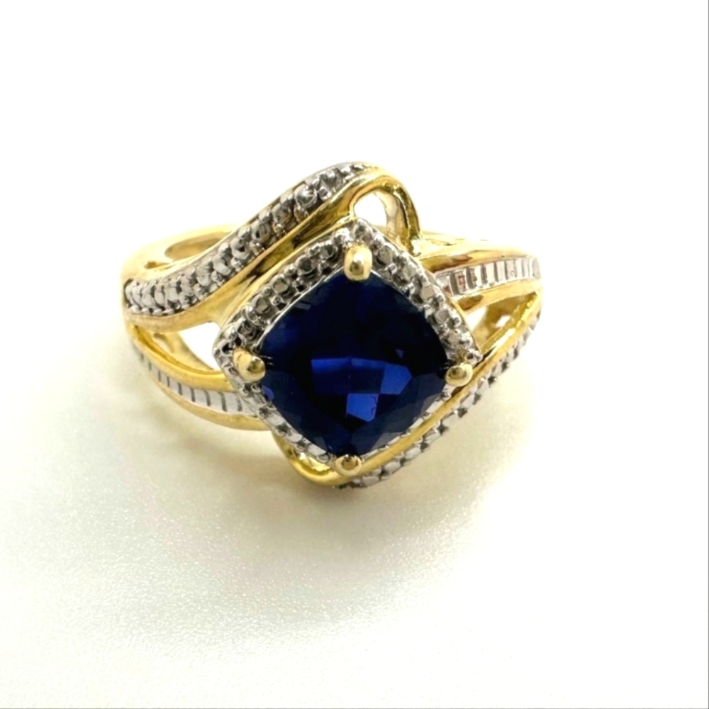 Stunning Deep Blue Sapphire 925 Two-tone Sterling Silver Ring Marked “Sun” S6.75